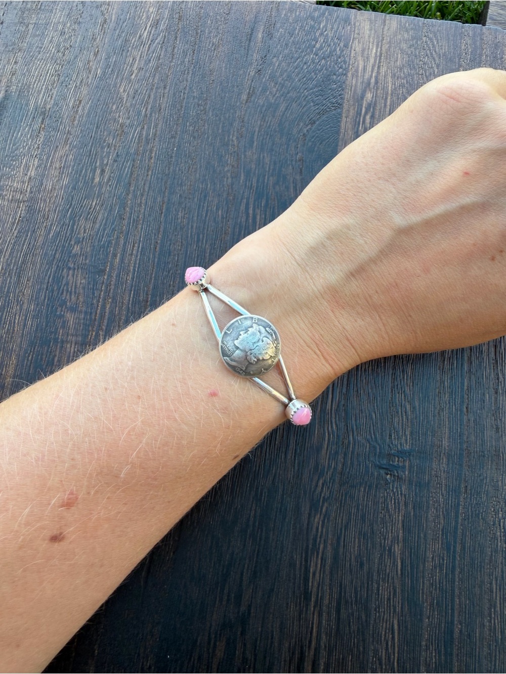 Liberty Coin Pink Conch Sterling Silver Native American Made Cuff - signed
